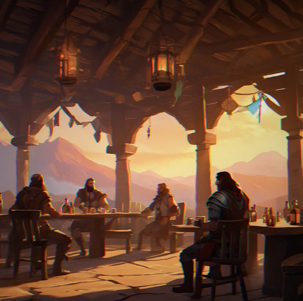 A character at a tavern bar facing three quest-givers, each with different contracts and faction symbols hanging above them