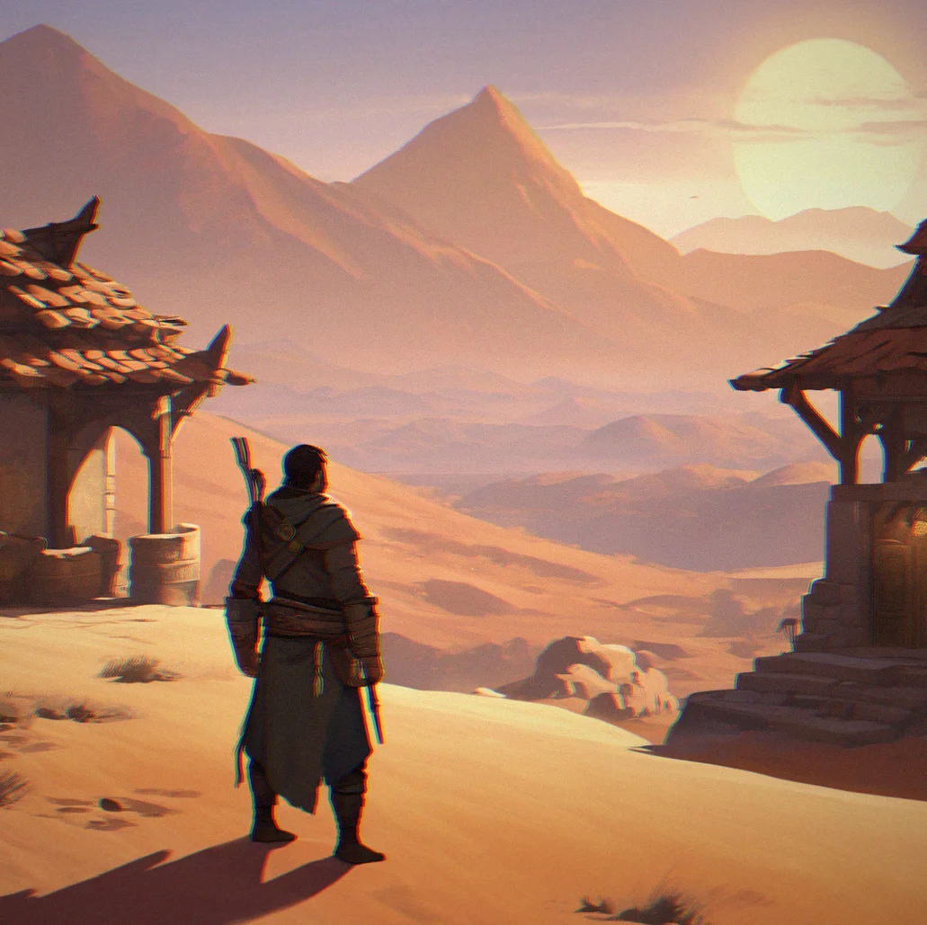 An NPC merchant turning away a player character at a shop counter, faction emblem visible on the wall behind them