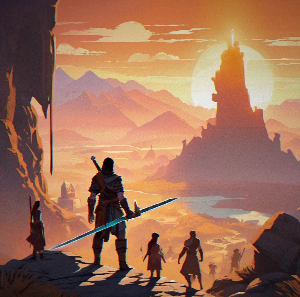 A character looting a glowing legendary sword from a dungeon chest while other adventurers watch in the background