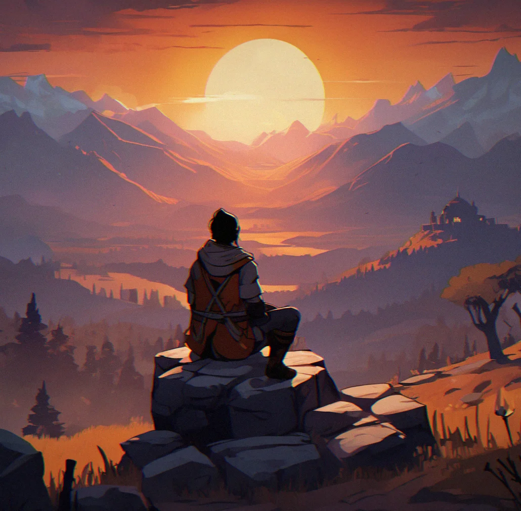 A player character sitting alone at a campfire in the wilderness, darkness around them and distant town lights they've burned bridges with