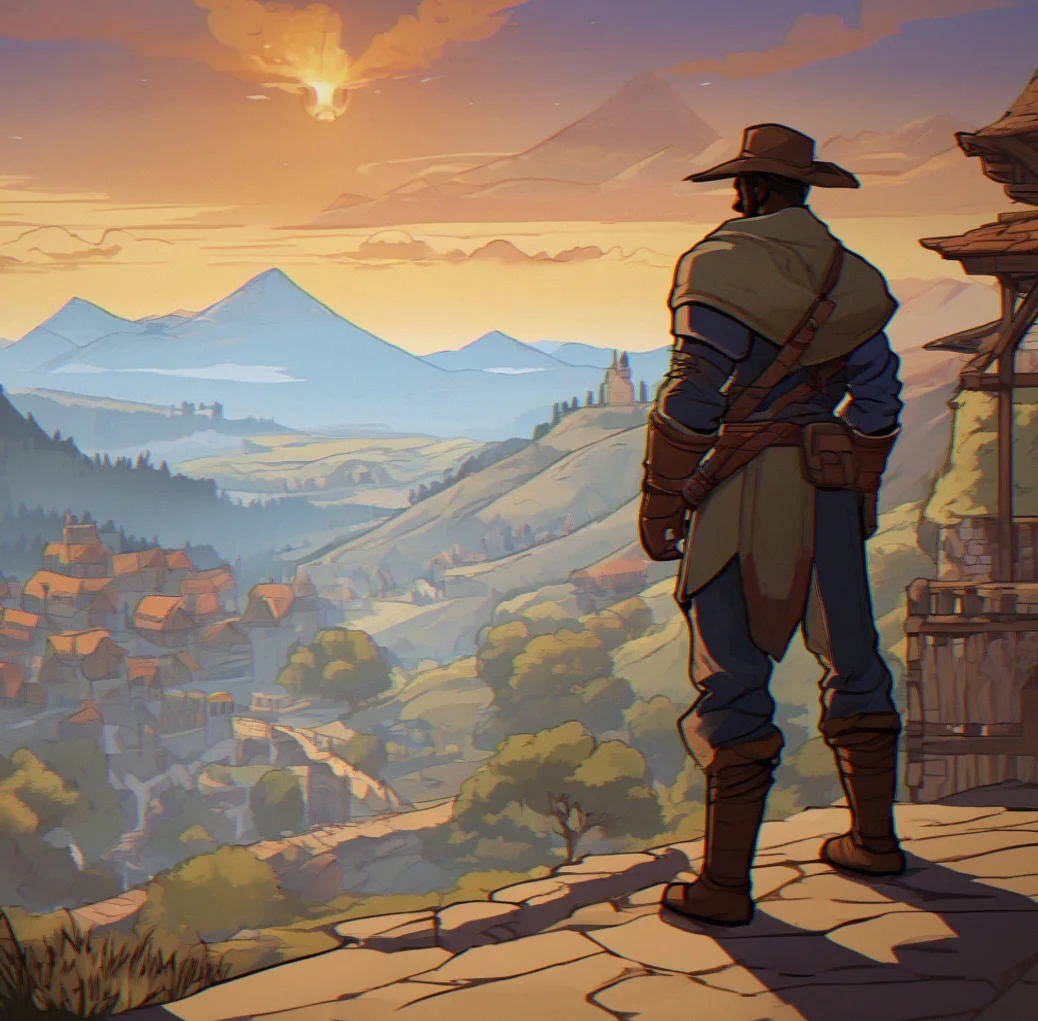 A character's reputation spreading across regions with NPCs in different taverns whispering and visual connectors showing information traveling between towns