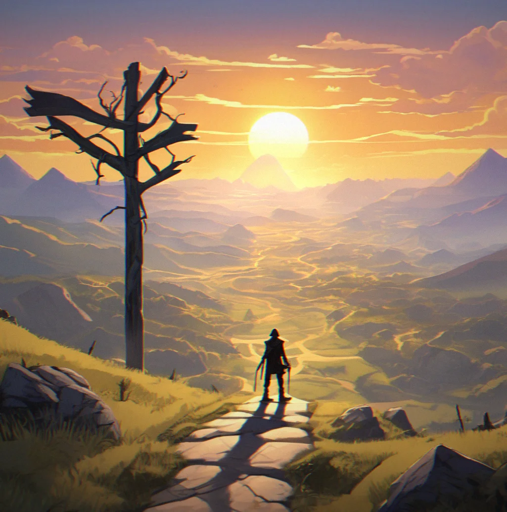 A character at a crossroads sign in the wilderness with multiple branching paths, some glowing and available, others blocked or faded
