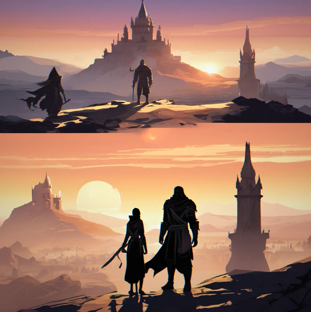Two different player characters in the same town square, one in faction armor and one in dark robes living entirely different campaigns