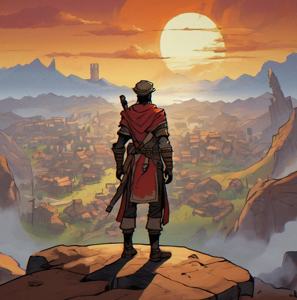 A character at level 30 standing in a region transformed by their actions, with rebuilt or burned buildings, NPCs in faction colors they established and markets shaped by their influence