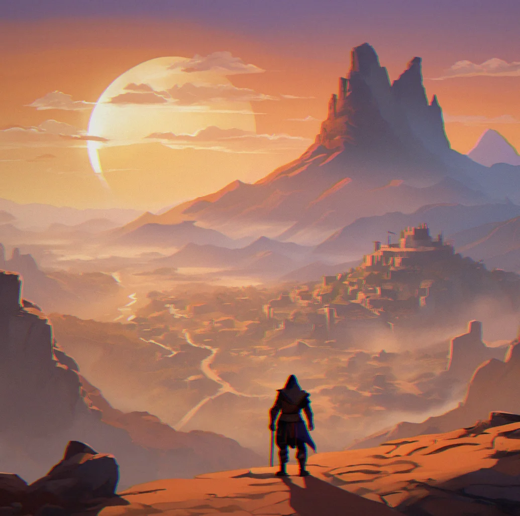 Multiple NPCs whispering and gesturing toward a player character, illustrating spreading reputation across regions