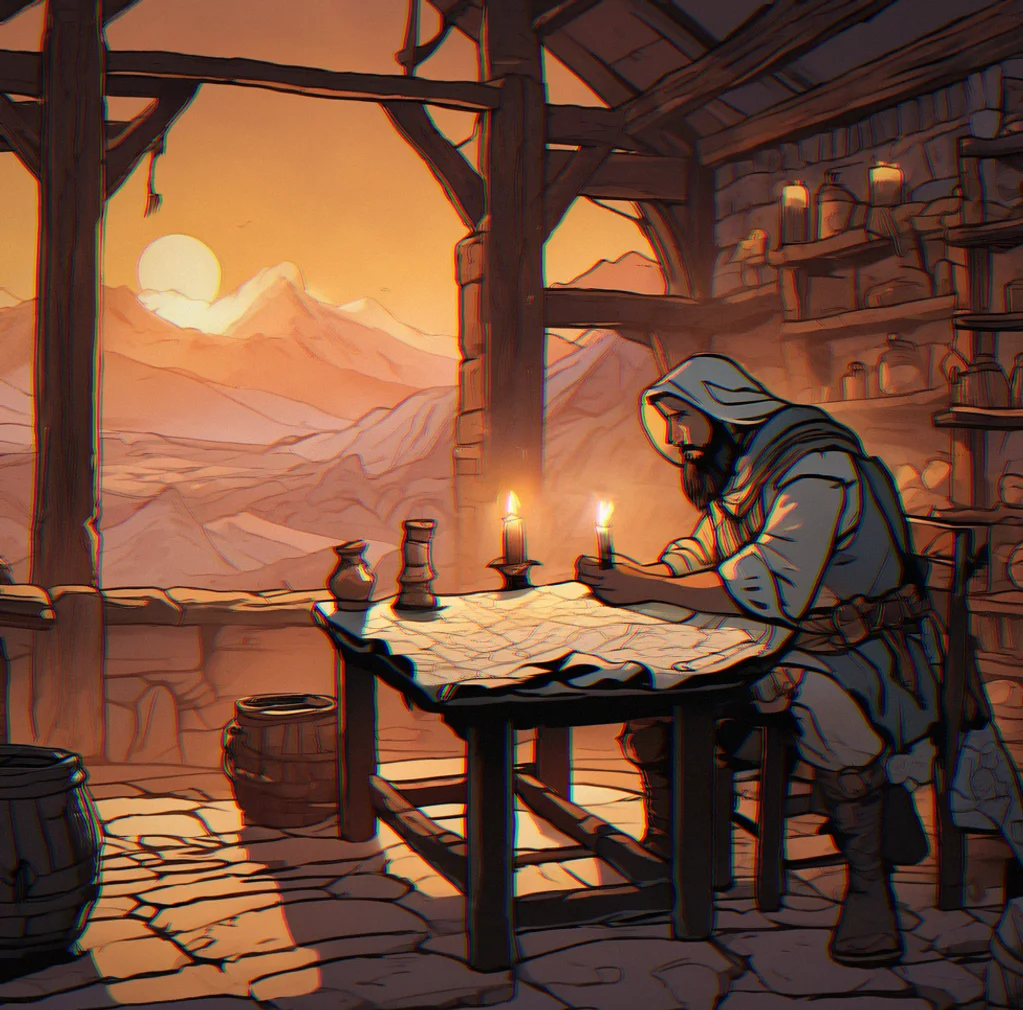 A weathered adventurer sits in a tavern lit by candles, tracing a map with their finger while figures in the shadows watch—each one could be a friend or an enemy depending on the path you take