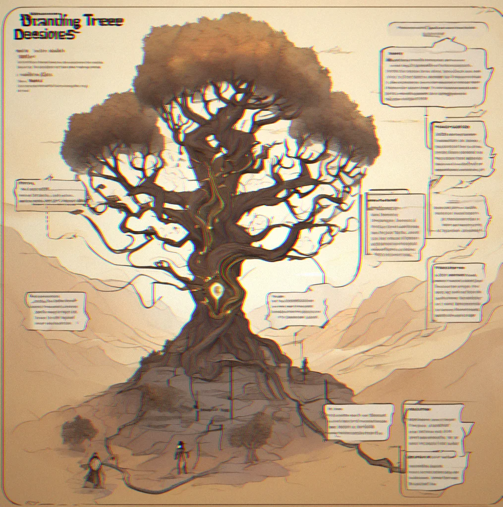 A branching deicsion tree showing quest paths that split and diverge, with some routes closing off as others open up